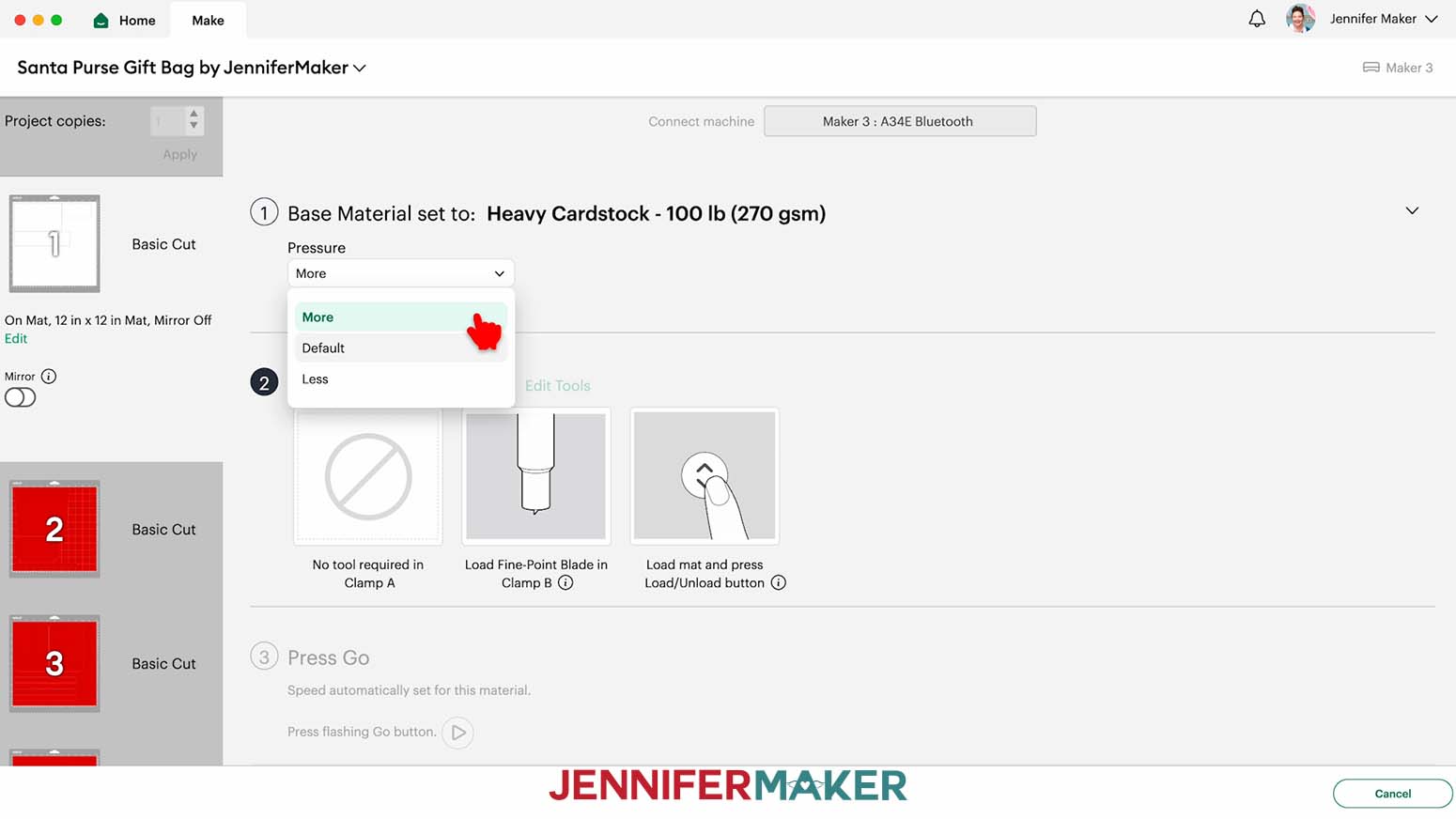The Heavy Cardstock material setting in Cricut Design Space with More pressure selected.