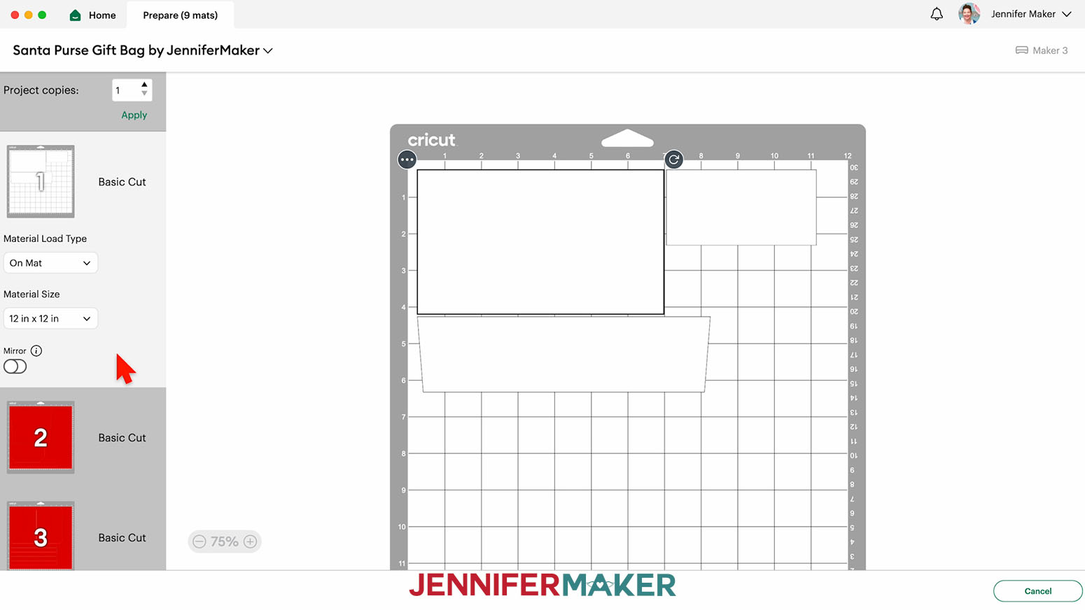 The Prepare screen for the Santa purse gift bag in Cricut Design Space, showing the first white mat.