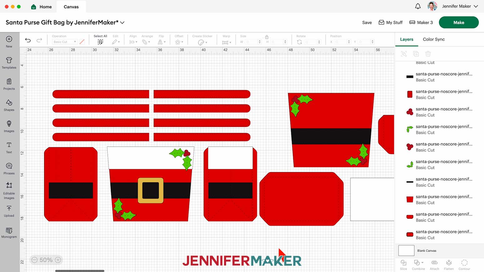 The Santa Purse Gift Bag design pieces spread out and ready to cut on the Cricut Design Space canvas.