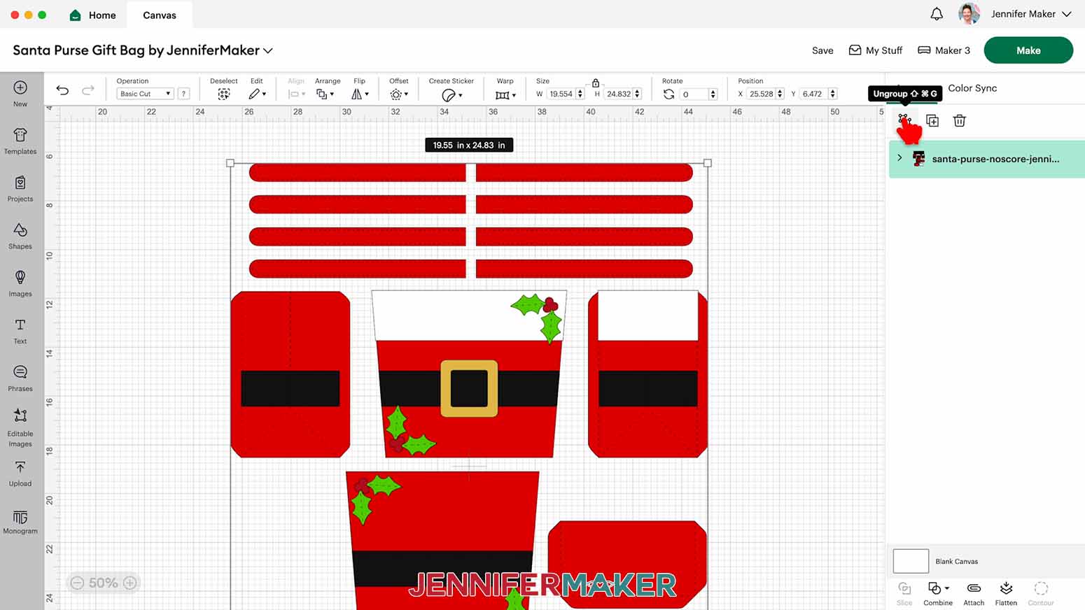 Ungroup the Santa Purse Gift Bag design in Cricut Design Space.