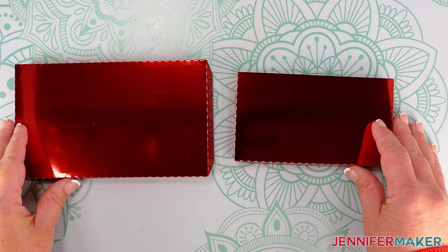 Folded bottom and pocket pieces on red foil cardstock for the Santa purse gift bag.
