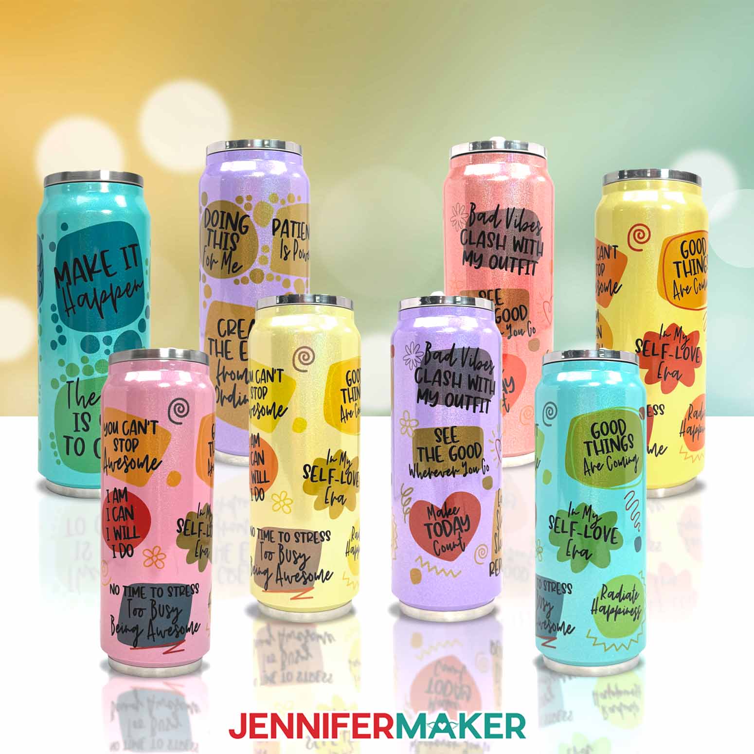Multiple color tumblers are finished with sublimation sayings.