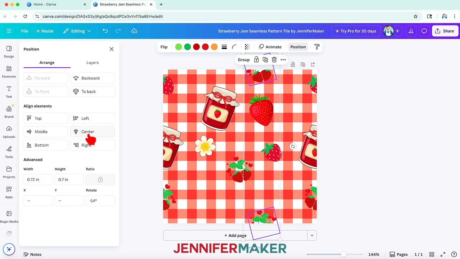 The top and bottom strawberry with hearts elements are selected and the Postion menu is open with the Arrange submenu hightlighted and the cursor hovers over the Center button in the Align elements section.