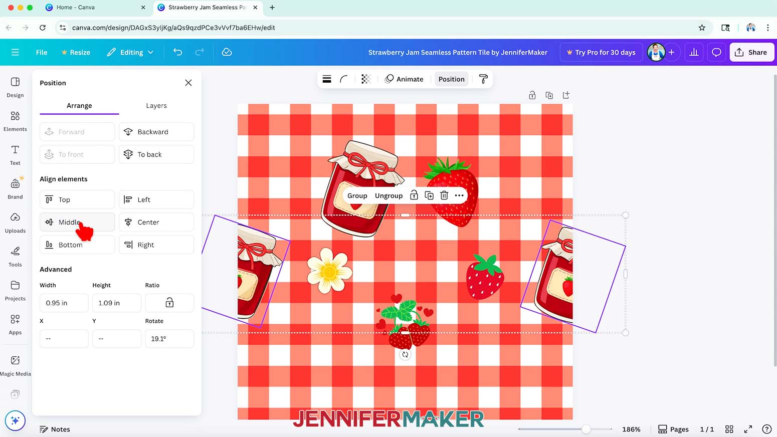 Both the jam jars on the left and right are selected and the position menu is open with the Arrange submenu selected while the cursor hovers over the Middle button in the Align elements section.