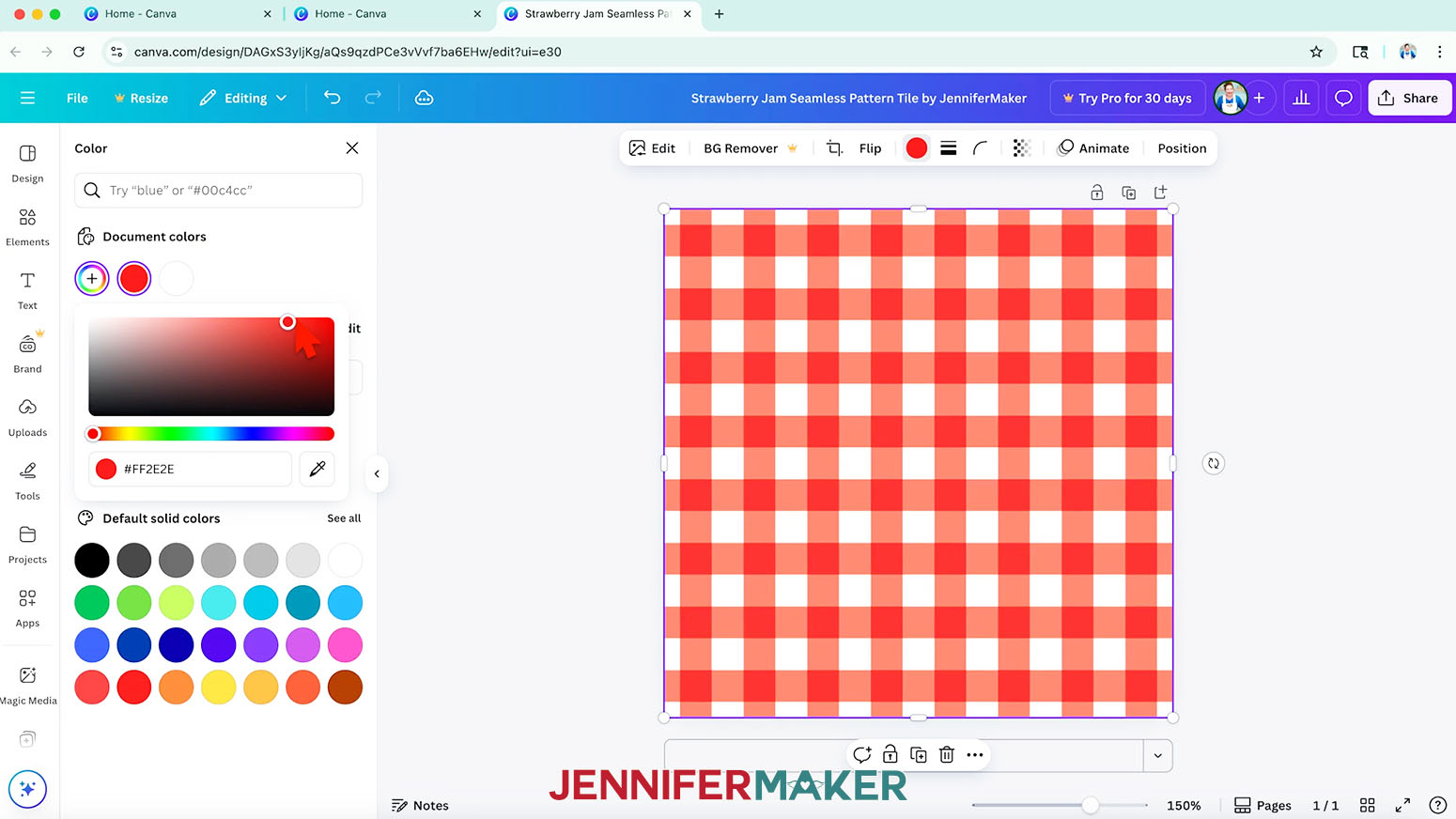 The gingham pattern is now red and the cursor hovers over the red color in the color picker menu.
