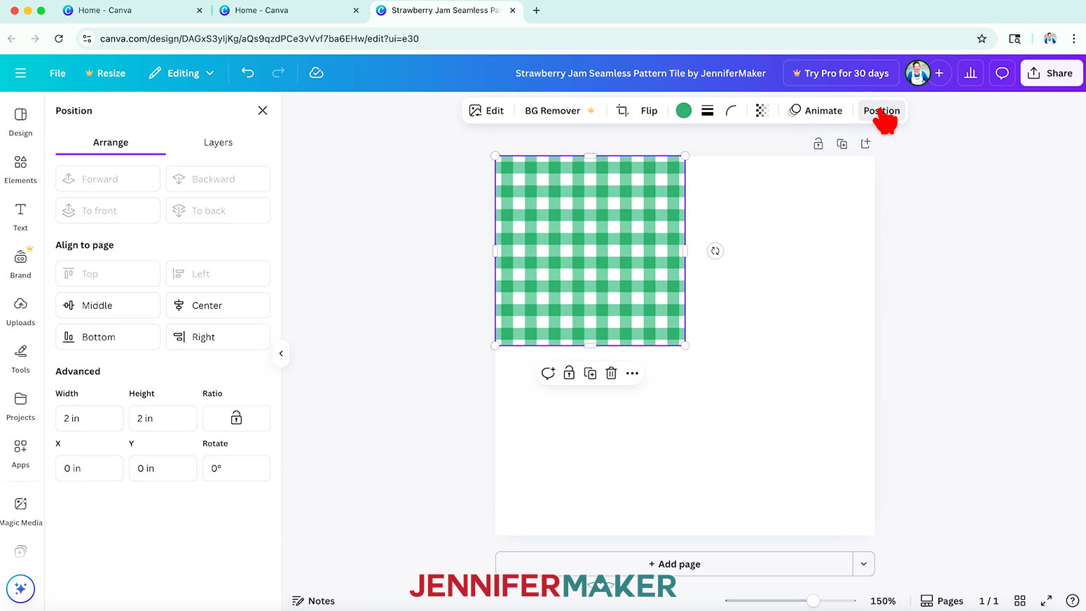 The gingham pattern is on the Canva canvas and the cursor hovers over the position button.