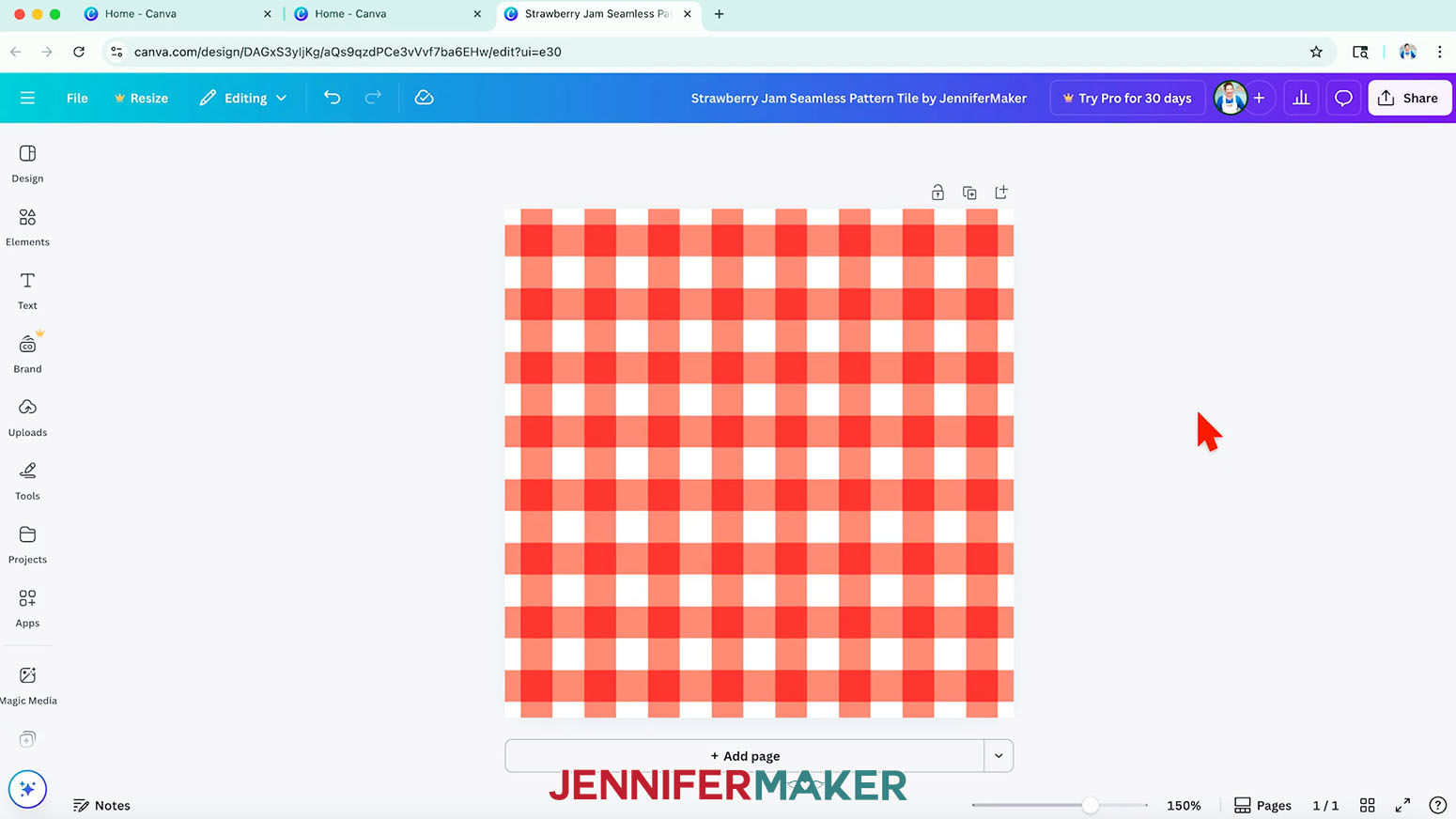 The Canva document has a red gingham seamless pattern that is the full size of the canvas.