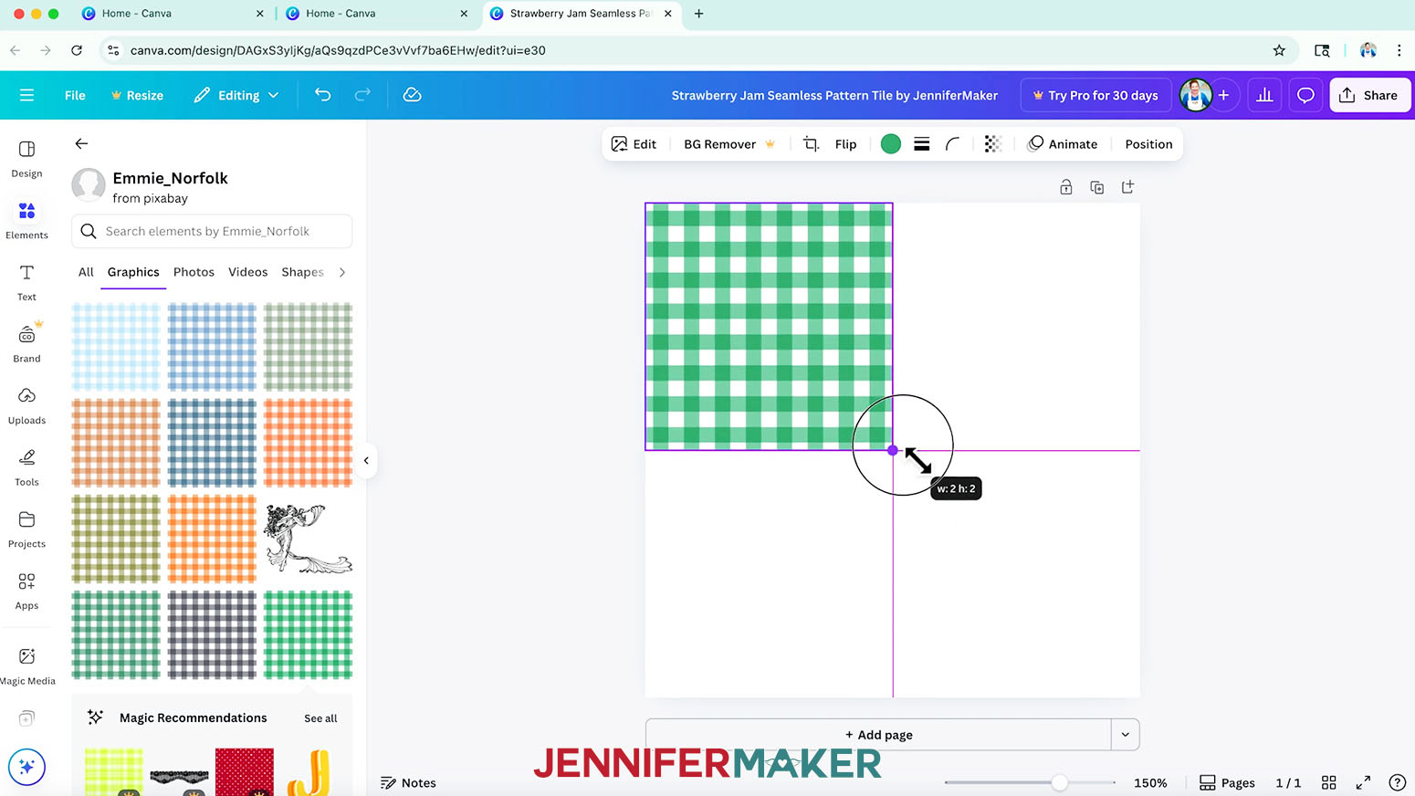 A green gingham pattern is shown on screen in the upper left corner of the Canva canvas with a double sided arrow showing it being resized to 2" x 2".