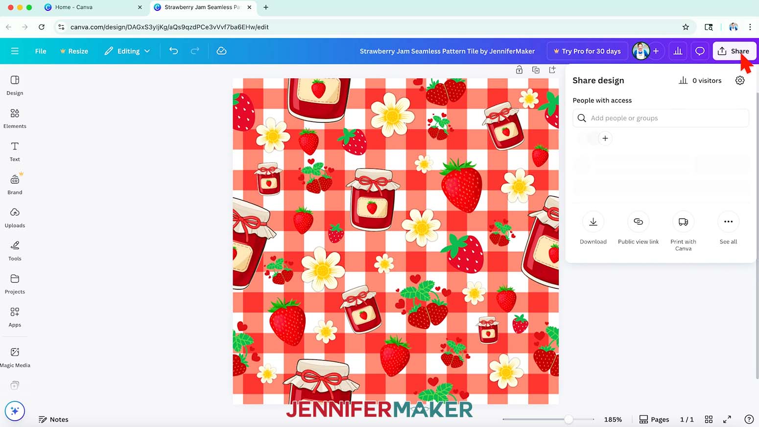 The finished seamless pattern design is shown with the cursor hovering over the Share button in the top left of Canva.