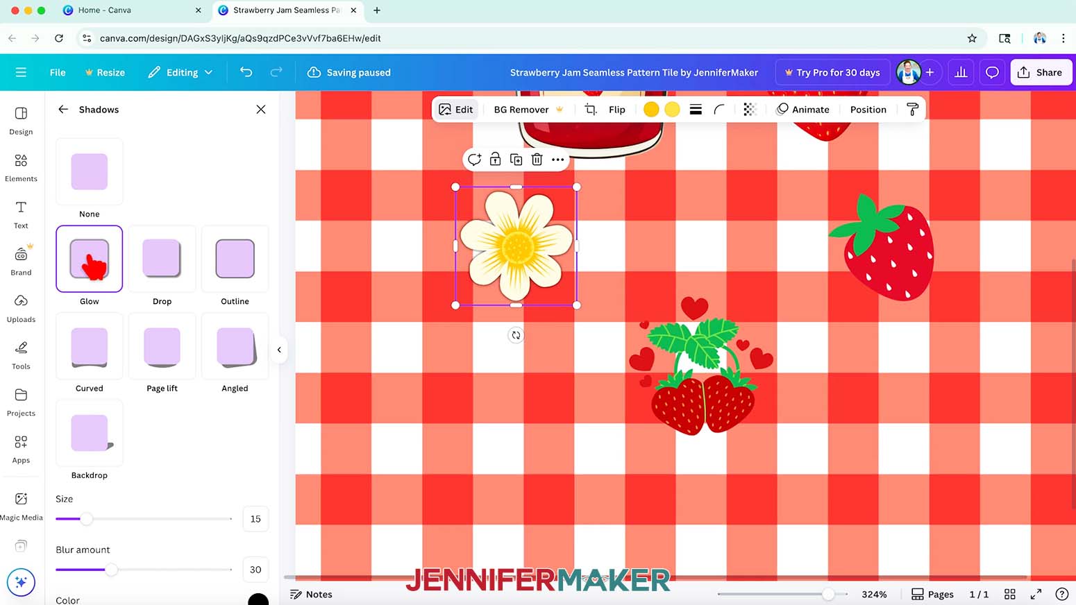 The flower illustration is selected and the Shadows menu is open while the cursor hovers over the Glow effect.