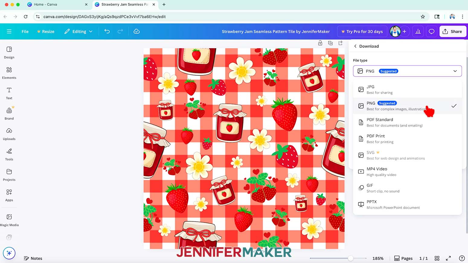 The finished seamless pattern is visible and the Download menu is open while the cursor hovers over the PNG file option.