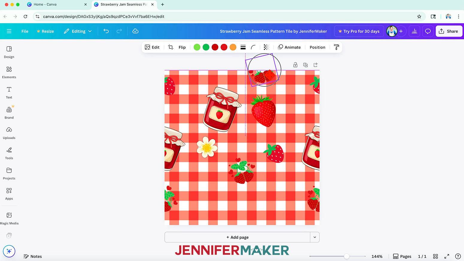 The strawberry hearts element is selected and it is positioned half on/half off the top of the document.