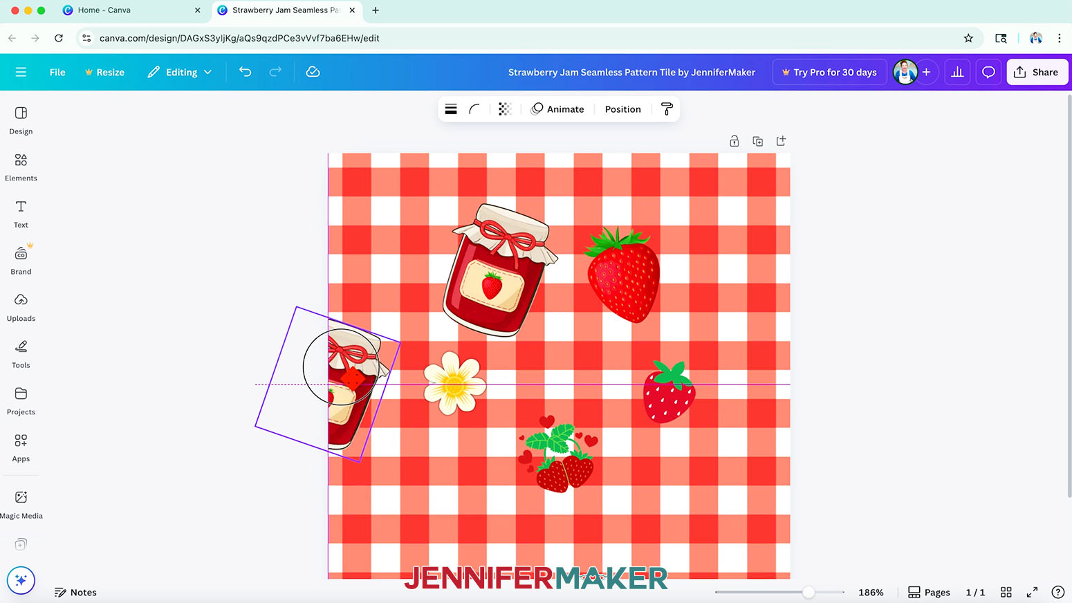 The strawberry jam jar in the seamless pattern is selected and is positioned half on/half off the left side of the document.