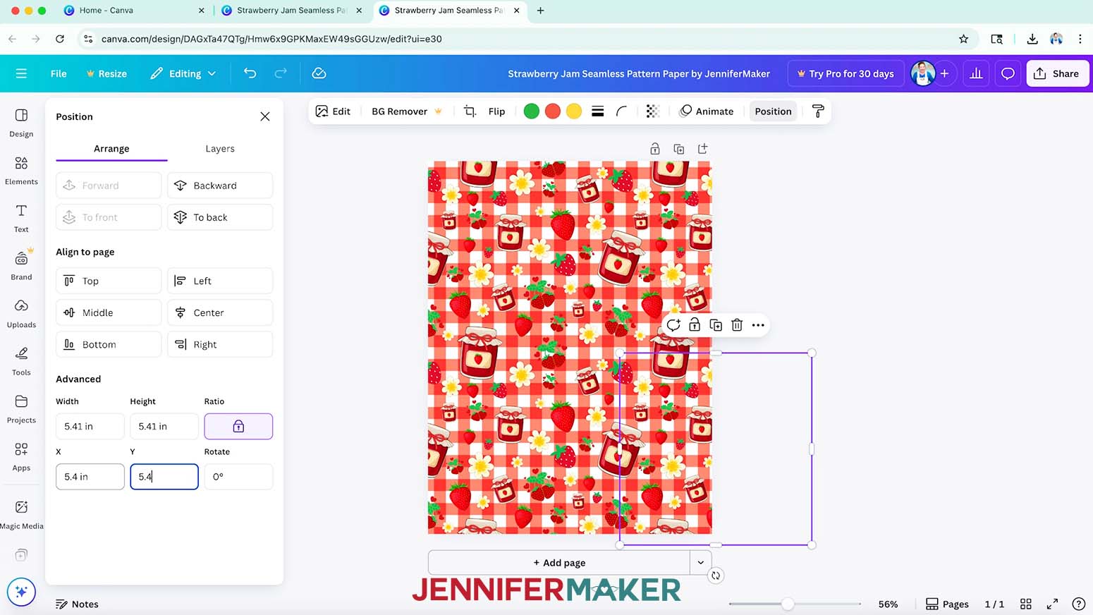The fourth seamless pattern tile is selected and the Position menu is open with the Arrange submenu selected, the X and Y in the Advanced section has been changed to 5.4.