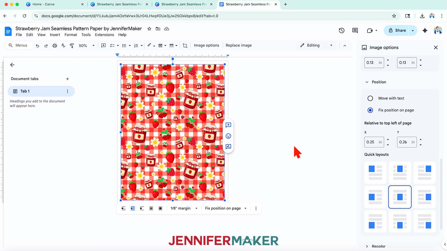 The full seamless pattern is shown on screen and the Image options menu is open with the center option being selected.