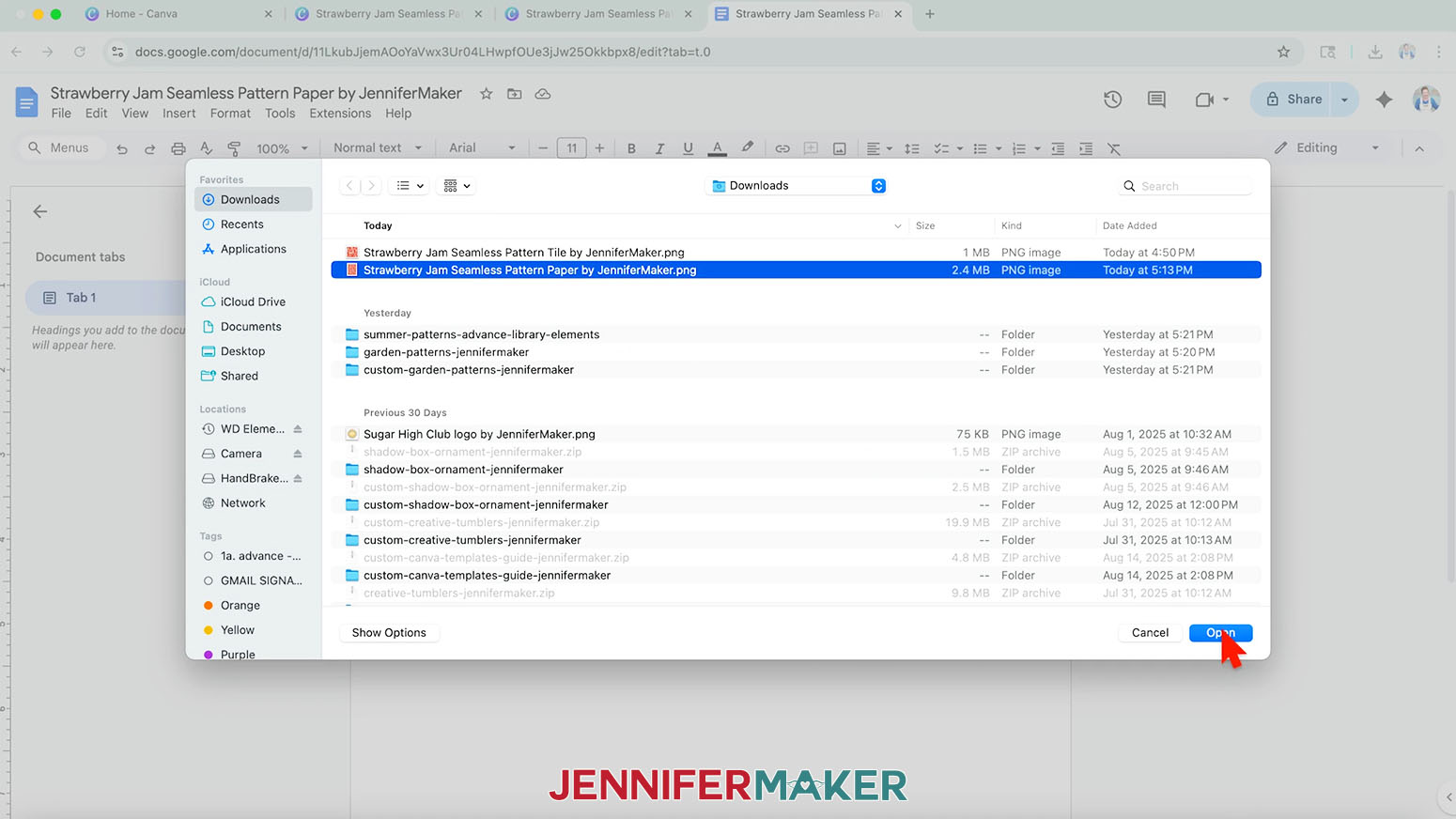 The Downloads menu is shown and the Strawberry Jam Seamless Pattern Paper PNG is selected while the cursor hovers over the Open button.