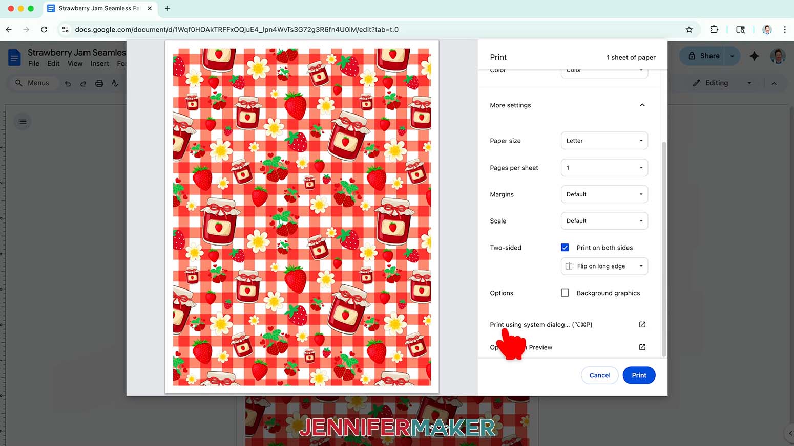 The Print menu is open with the seamless patterned paper being shown and the cursor hovers over the Print using system dialogue option.