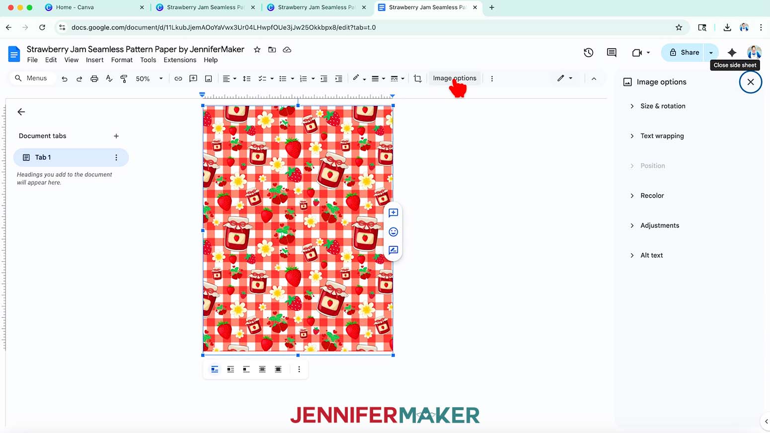 The full seamless pattern image is on the screen and the cursor hovers over the Image options button.