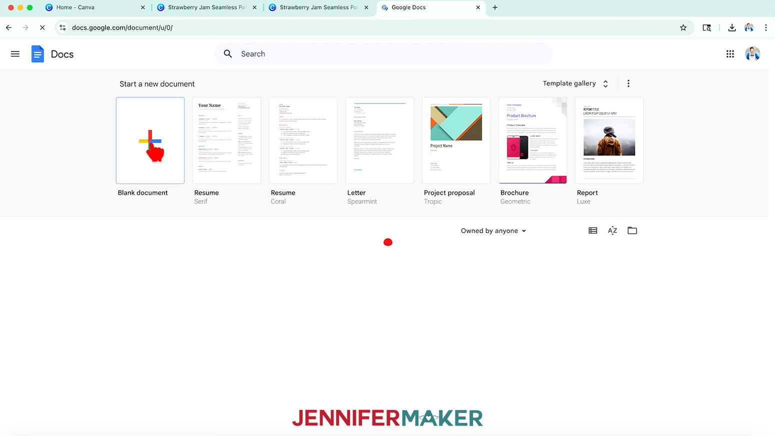 Google Docs is open in the web browser and the cursor hovers over the Blank Document button.