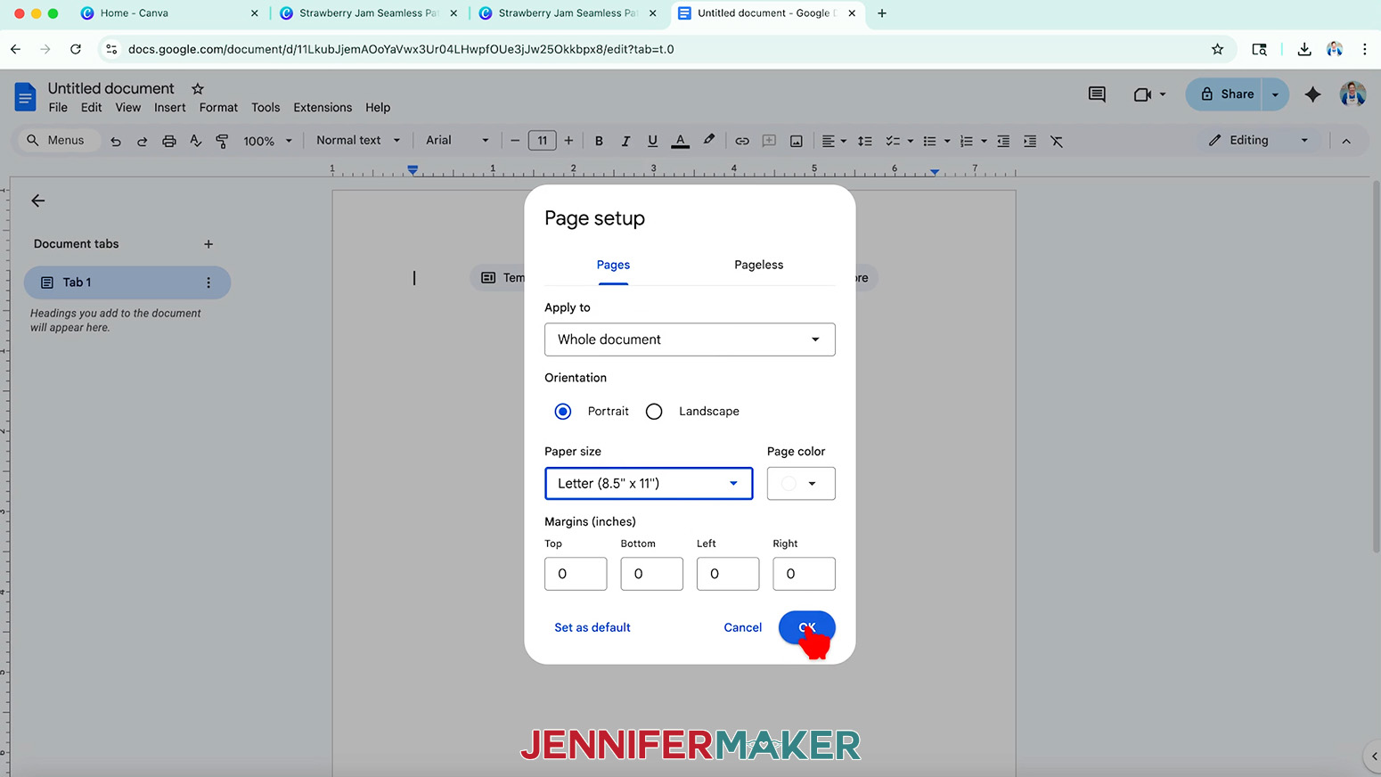 An Untitled Document is open in Google Docs and the Page setup menu is open with Portrait and Letter size selected.