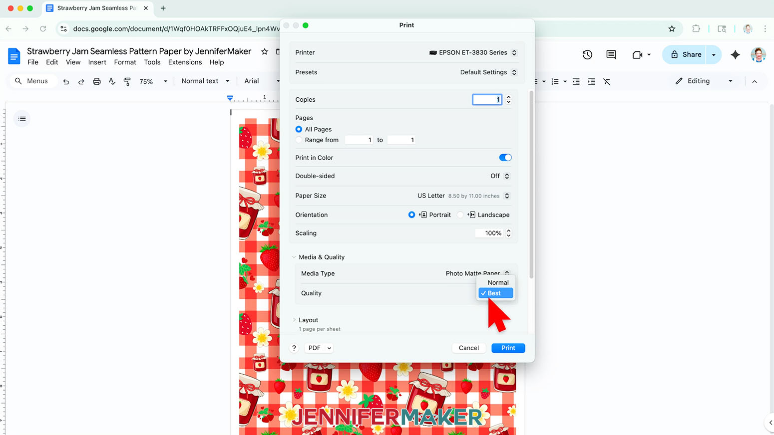 The print dialogue menu is open and the media type Matte paper has been selected while the cursor hovers over the Best option in the Quality settings.