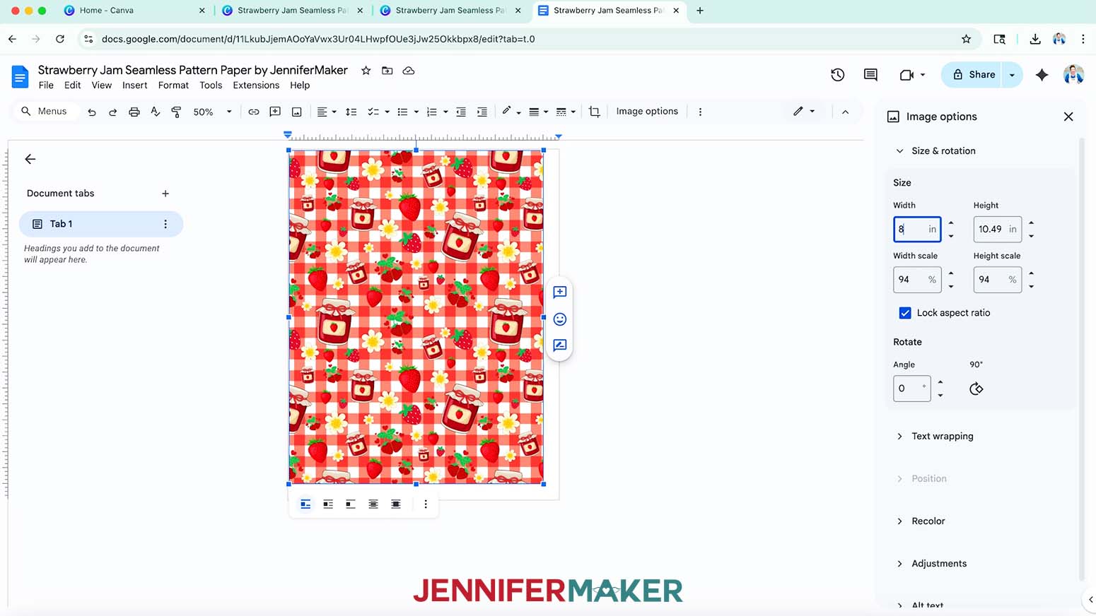 The Image options menu is open a new size has been inputted and the image has been resized.