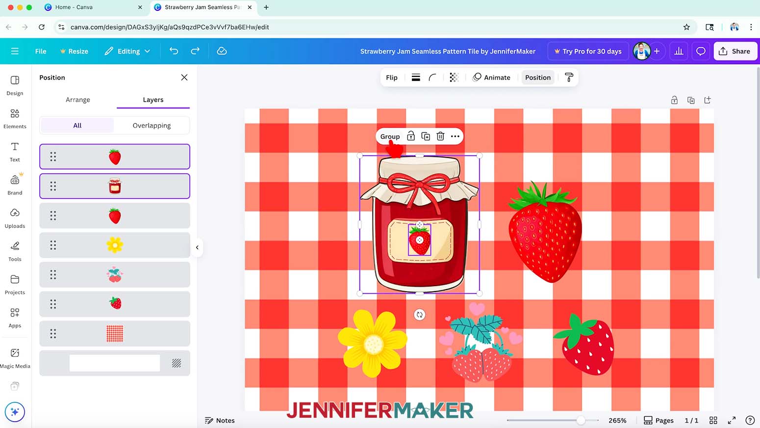 The strawberry and the jam jar are selected and the cursor hovers over the group icon in the top menu of the elements.