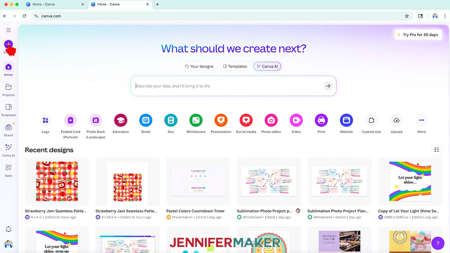 The Canva home screen is shown and the cursor hovers over the Create button.