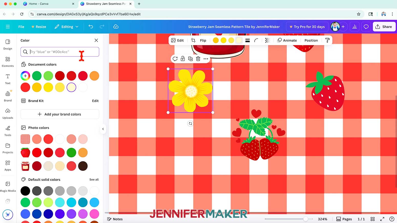 The flower illustration is element is selected and the color menu is open while the cursor hovers over the search bar.