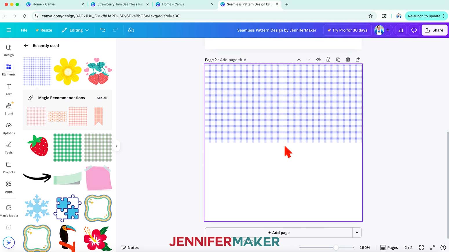 A purple gingham pattern has been duplicated and shows that the pattern does not line up seamlessly.