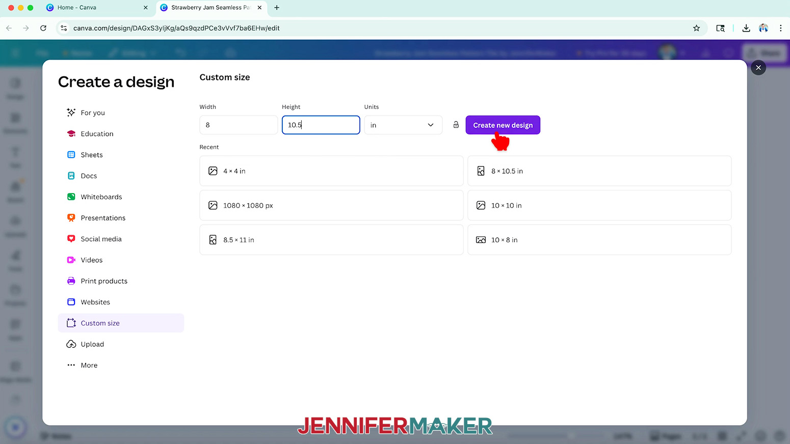 The Custom size menu in Canva is open and the dimensions are set at 8" x 10.5" inch while the cursor hovers over the Create new design button.