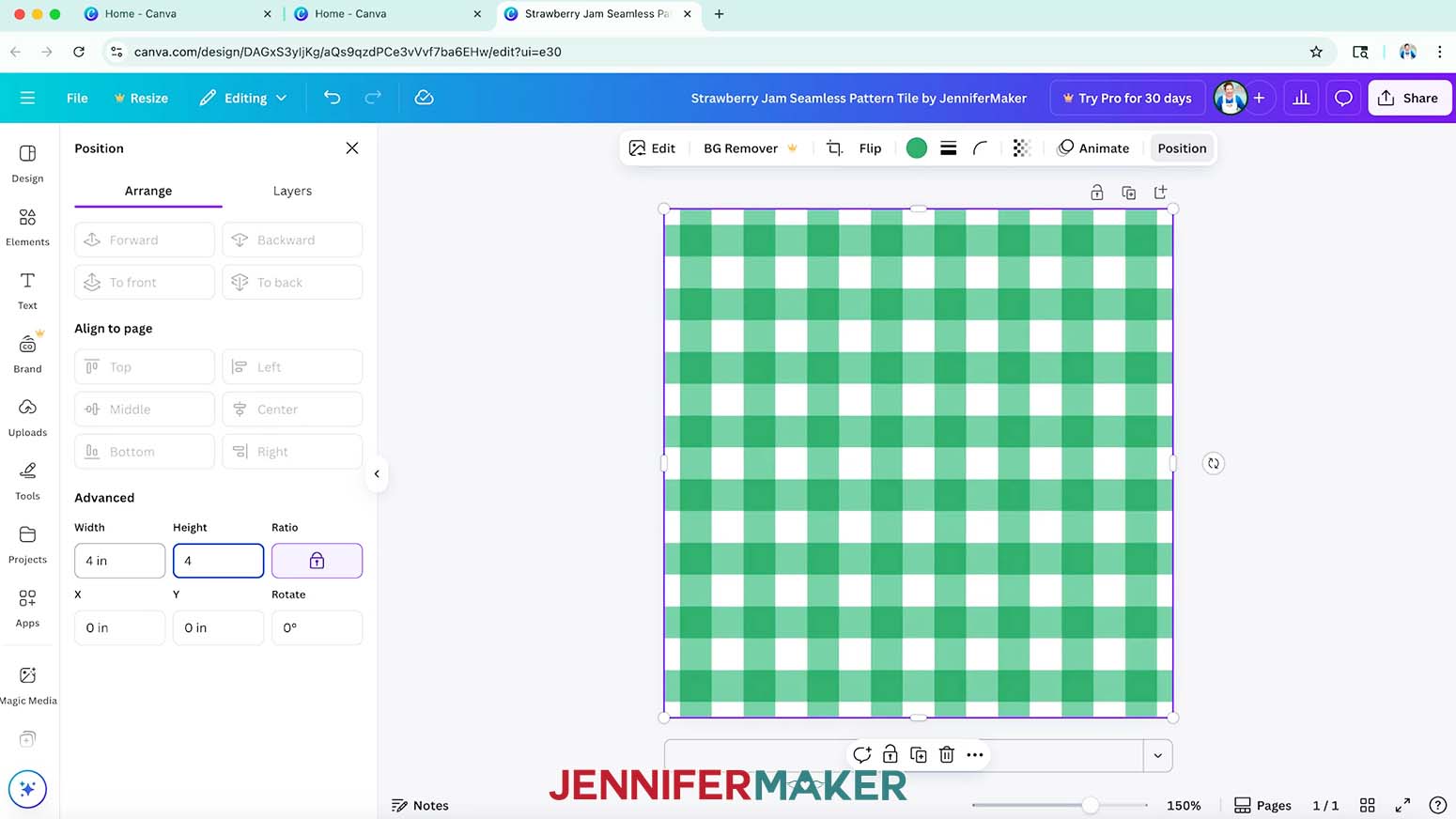 A green gingham pattern fills the entire area of the canvas.