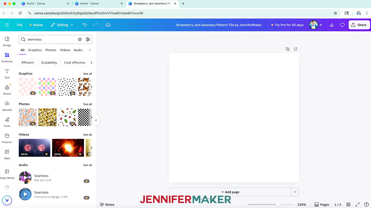 The elements menu is open in Canva and the word seamless is typed into the search bar.