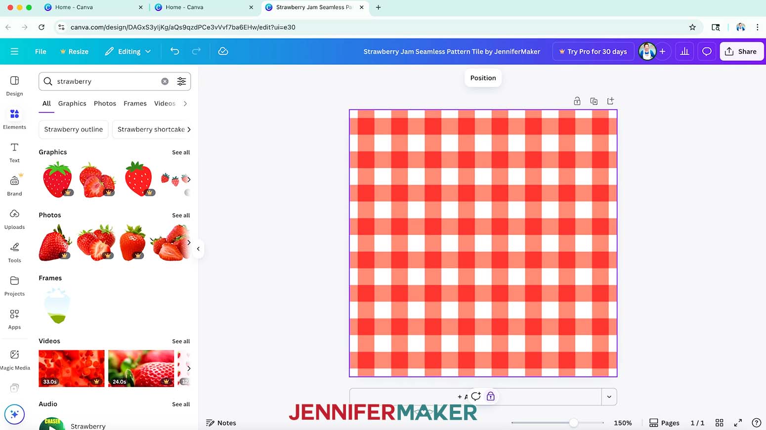 The elements toolbar is open and the word strawberry is typed into the search bar and the results show many strawberry elements.