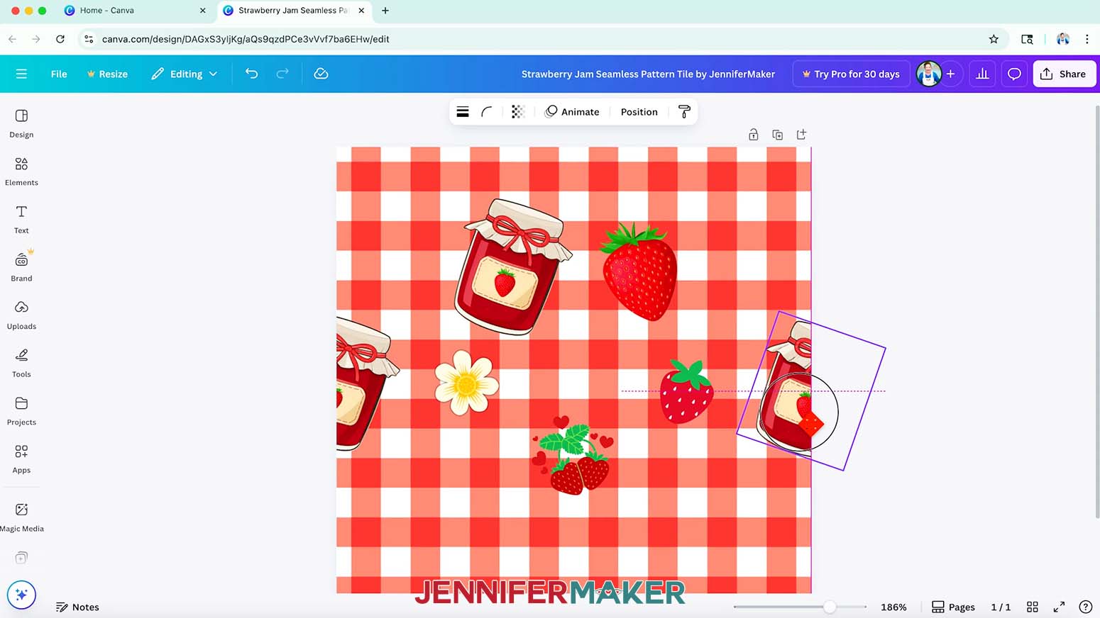 The strawberry jam jar on the left has been duplicated and it is positioned halfway on/halfway off of the right side of the canvas.
