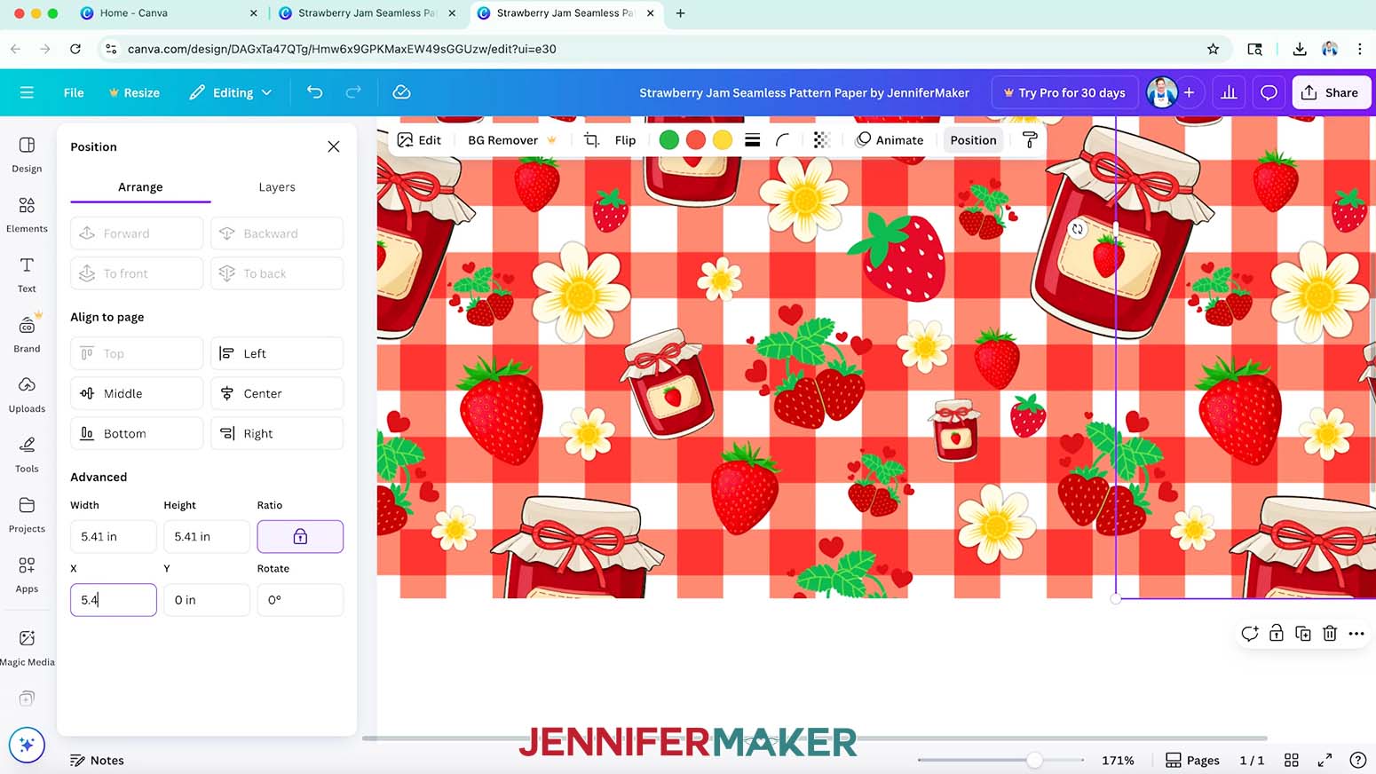 The duplicated seamless pattern tile is selected and the Position menu is open with the Arrangle submenu selected, the X in the Advanced section has been changed to 5.4.