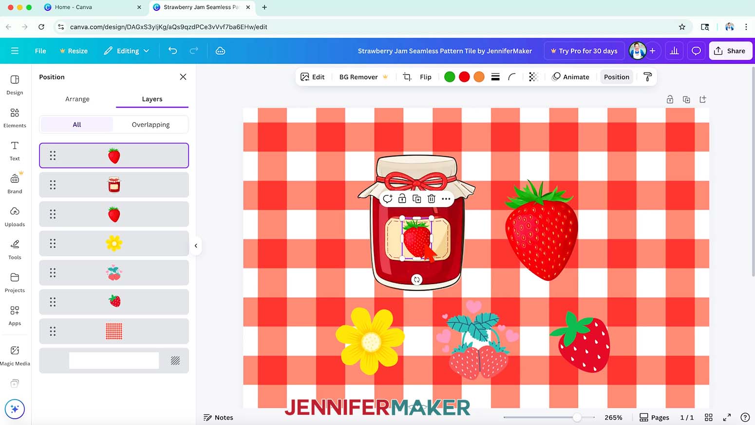 The strawberry is highlighted and centered within the label on the jam jar to create a new element for the seamless pattern.