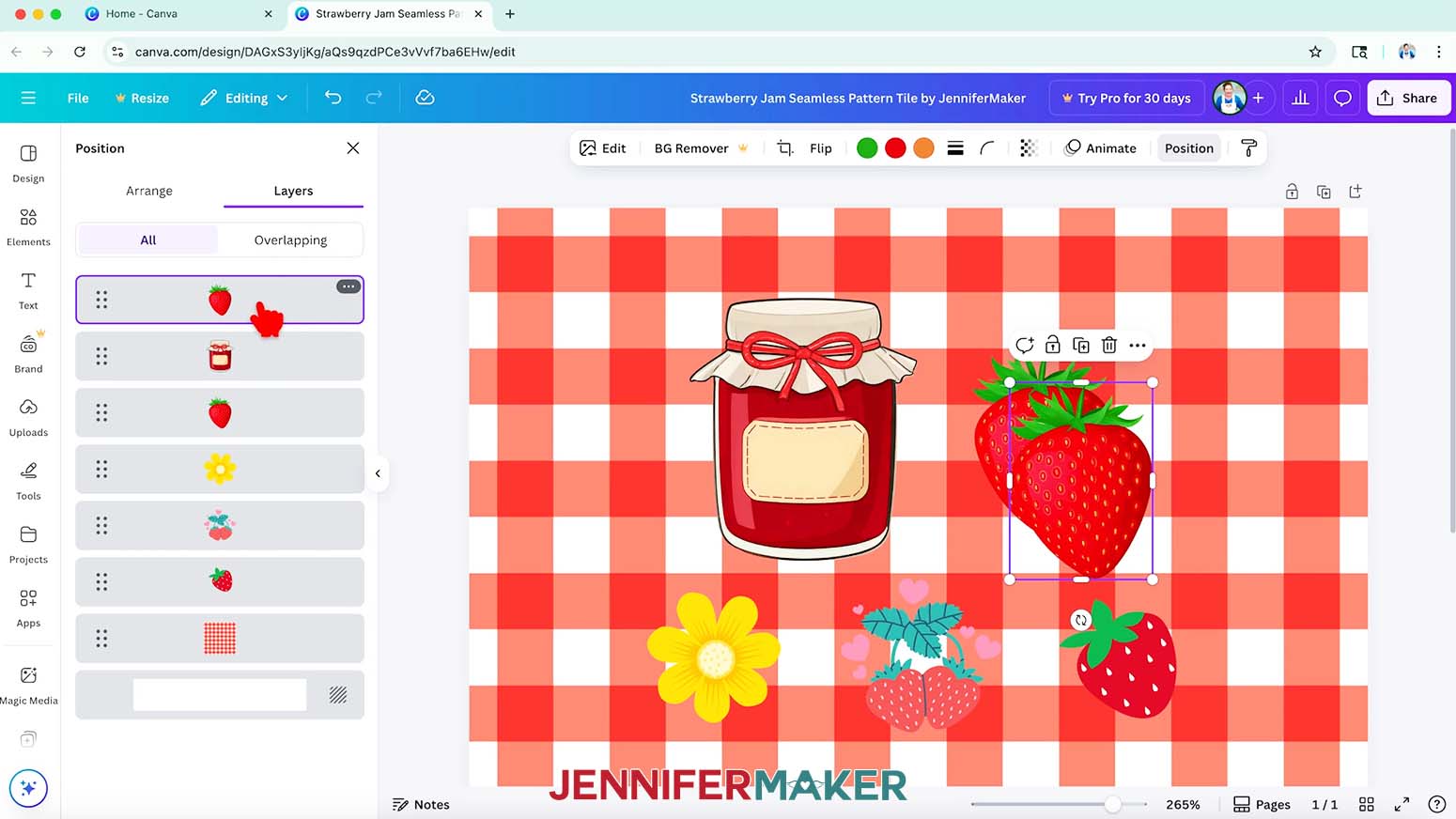 The Canva position menu is open and the submenu Layers is highlighted while the cursor hovers over the strawberry being moved to the top layer.