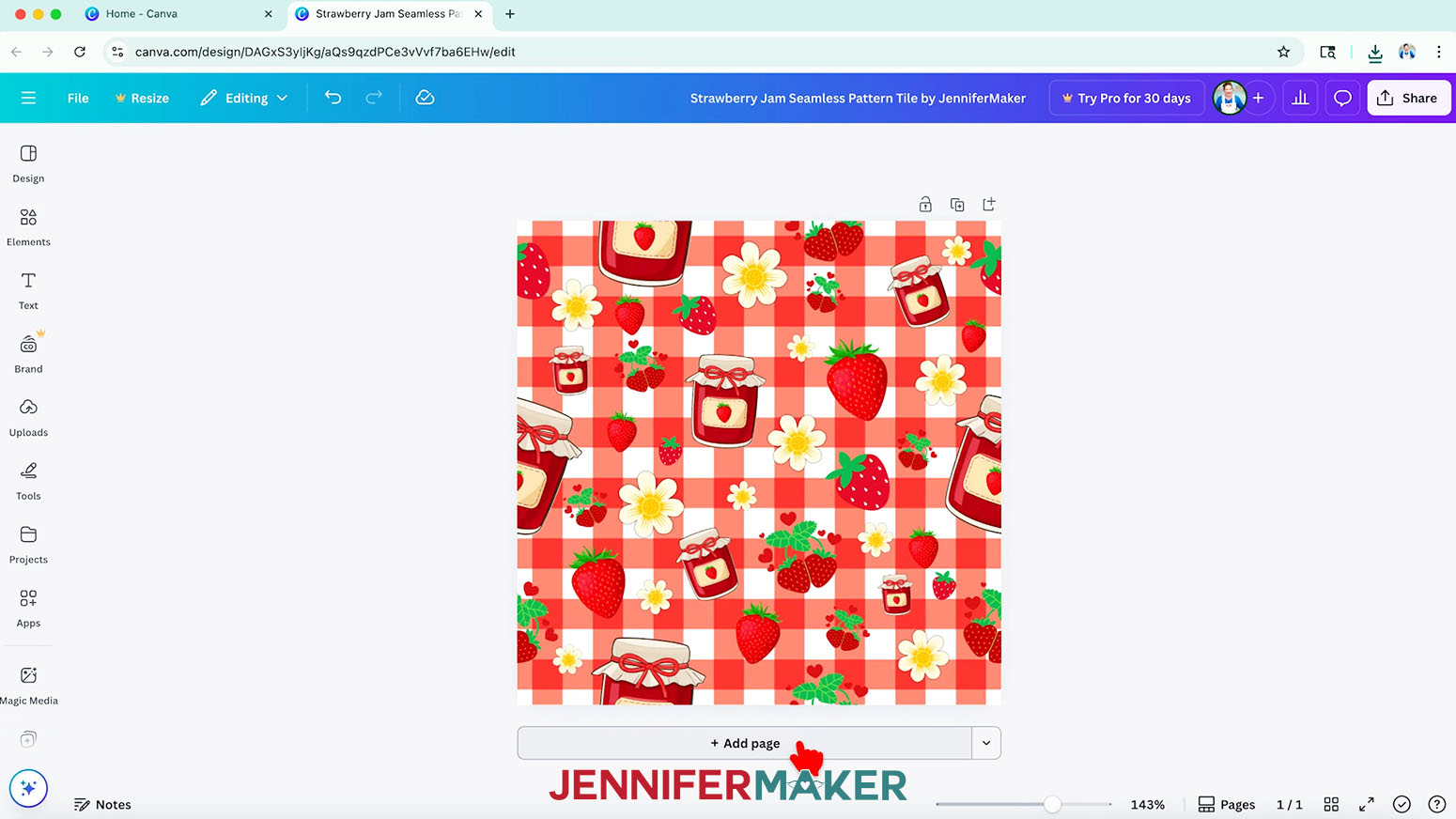 The finished seamless pattern tile is shown and the cursor hovers over the Add page button beneath the the design document.