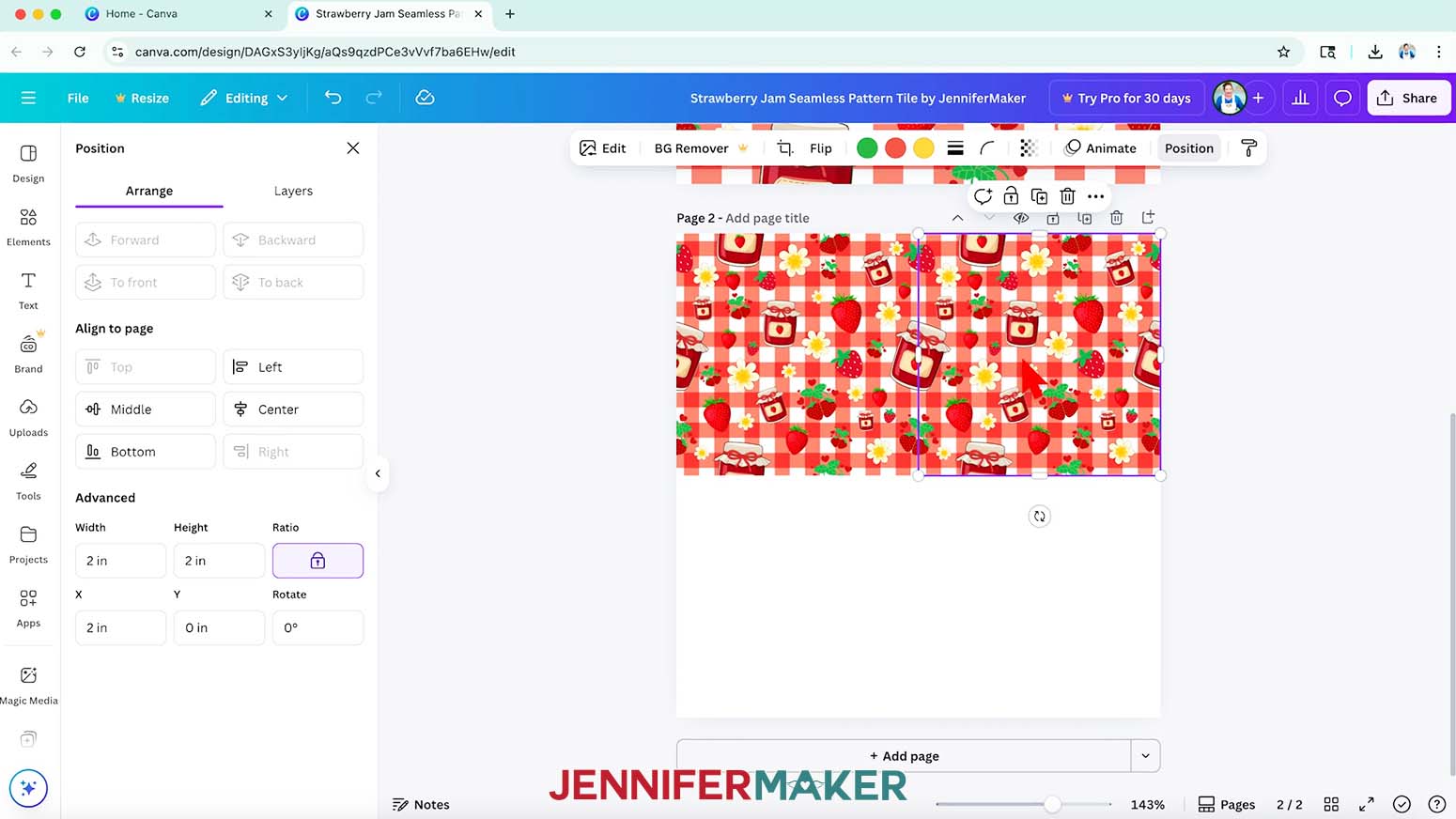 A duplicate of the seamless pattern has been made and aligned to the left side of the first tile.