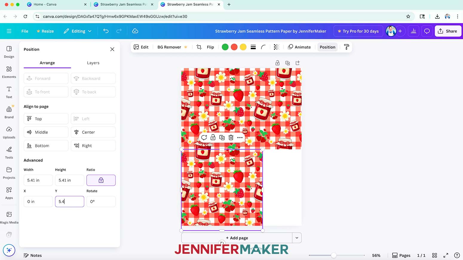 The third seamless pattern tile is selected and the Position menu is open with the Arrangle submenu selected, the Y in the Advanced section has been changed to 5.4.