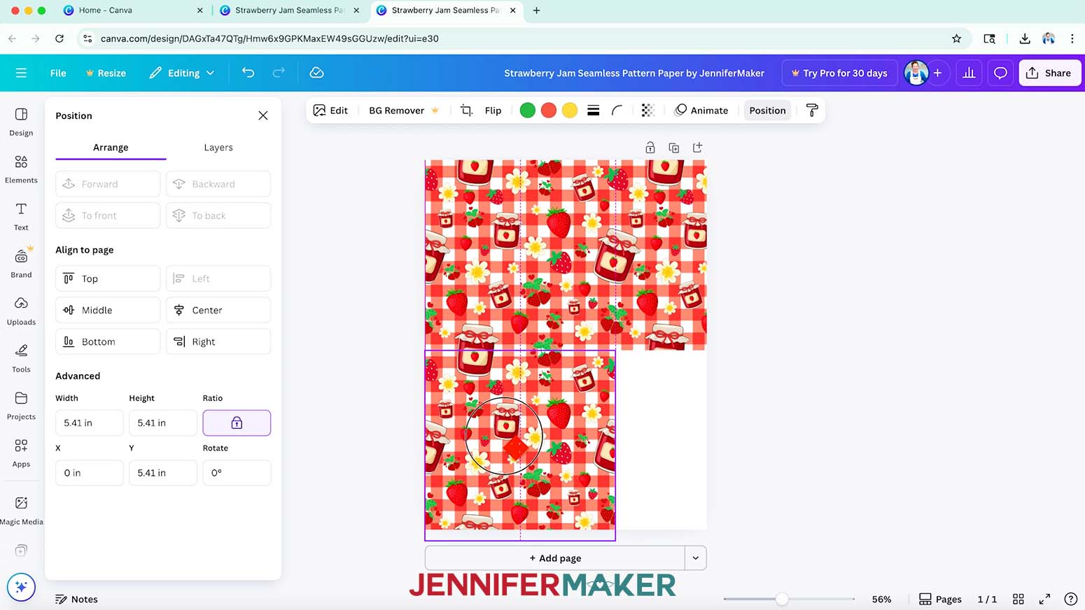 The seamless pattern has been duplicated a second time making three copies and the third copy has been positioned underneath the bottom of the first tile.