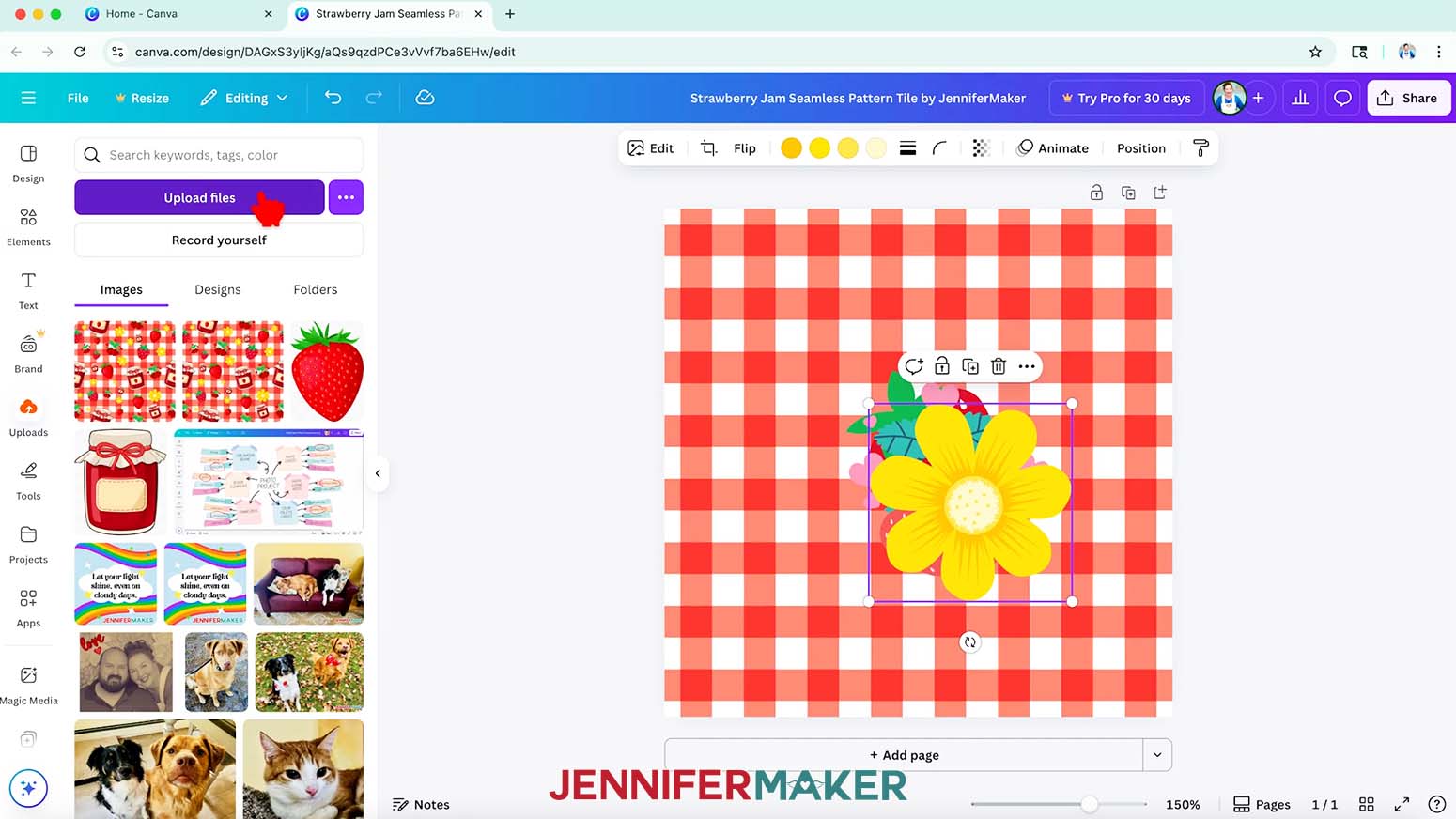 All the Canva elements for the design are layered on the background image and the Uploads menu is open with the cursor hovering over the Upload files button.
