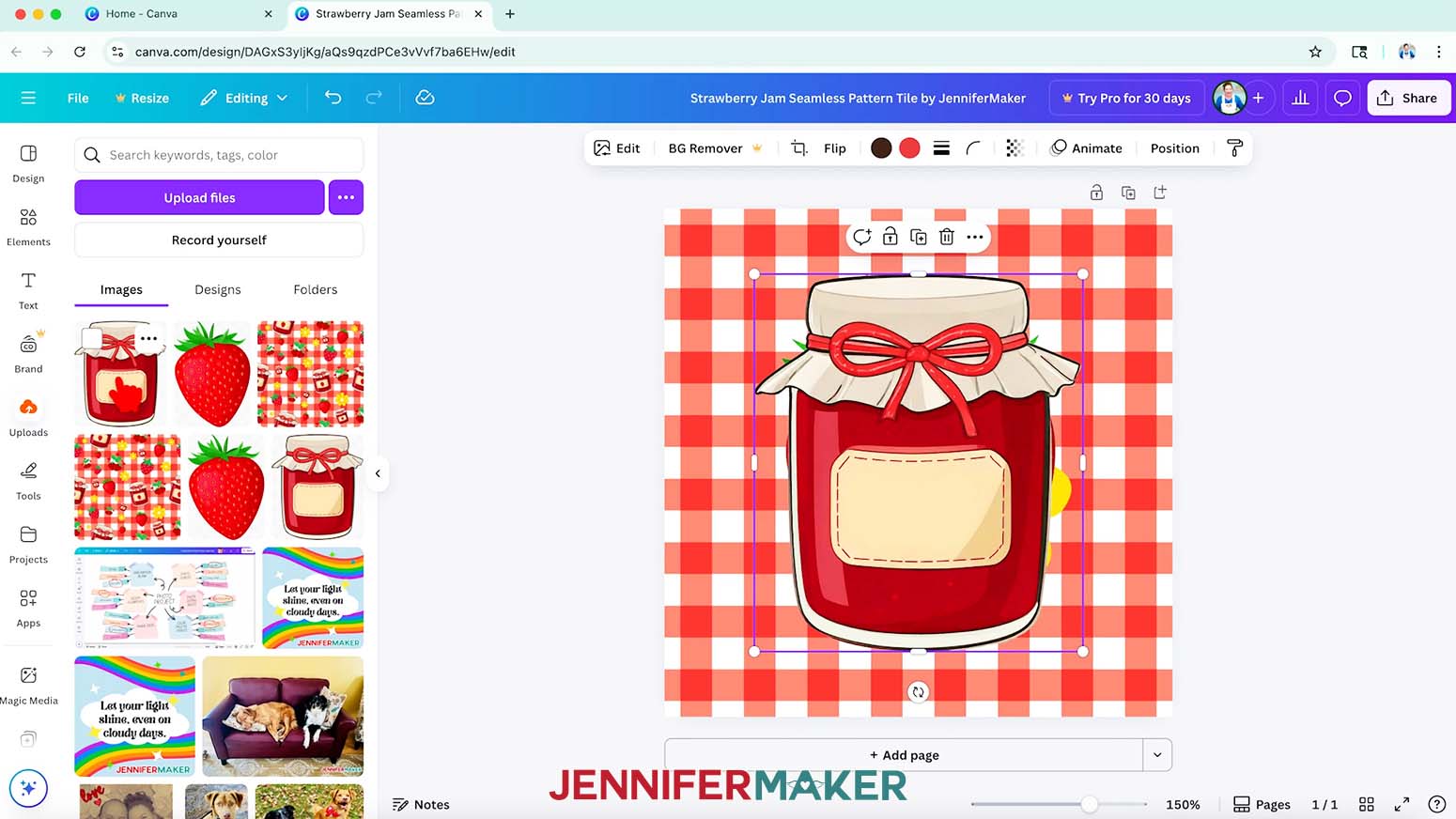 The uploaded elements and the Canva elements are all shown on the background pattern.