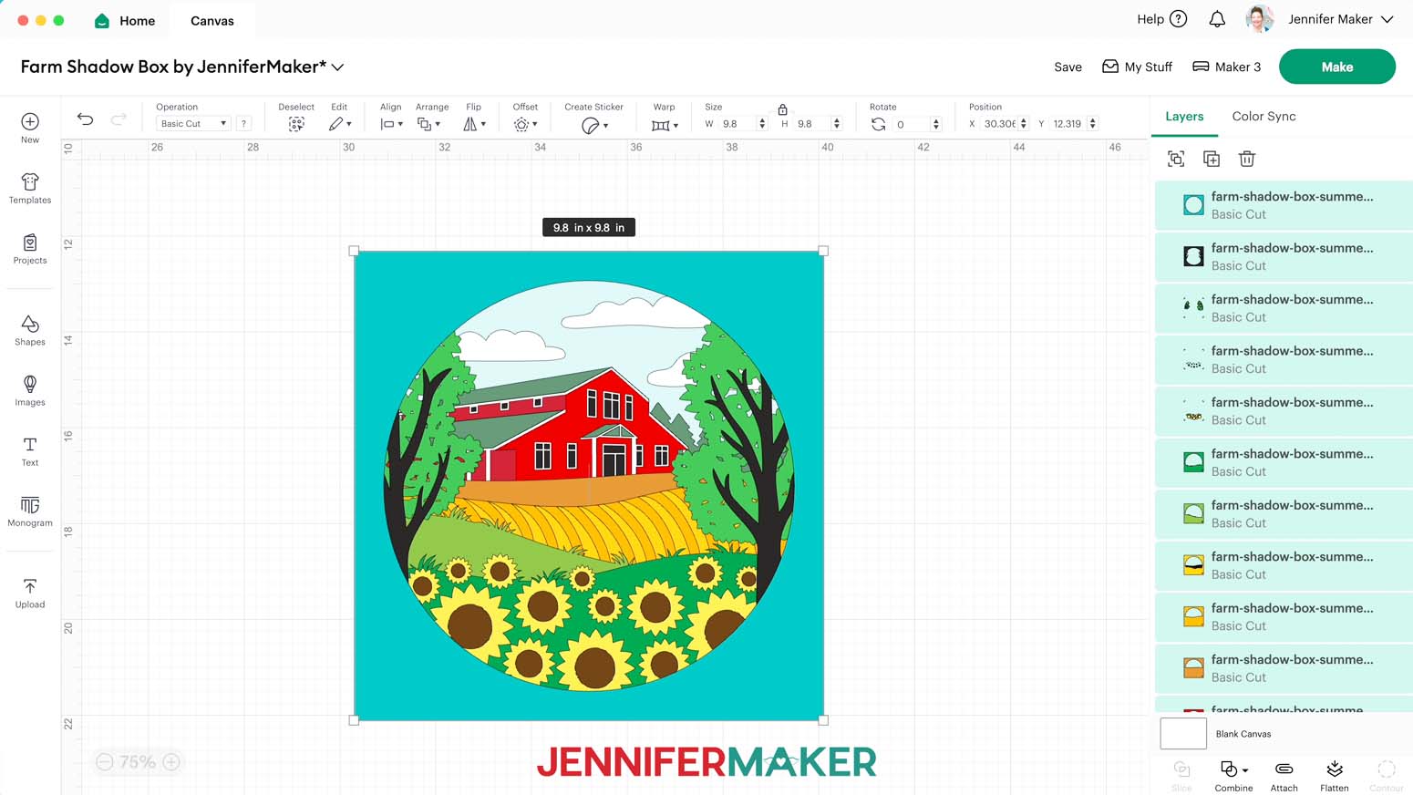 Resize the shadow box design in Cricut Design Space to make a shadow box with floating pieces
