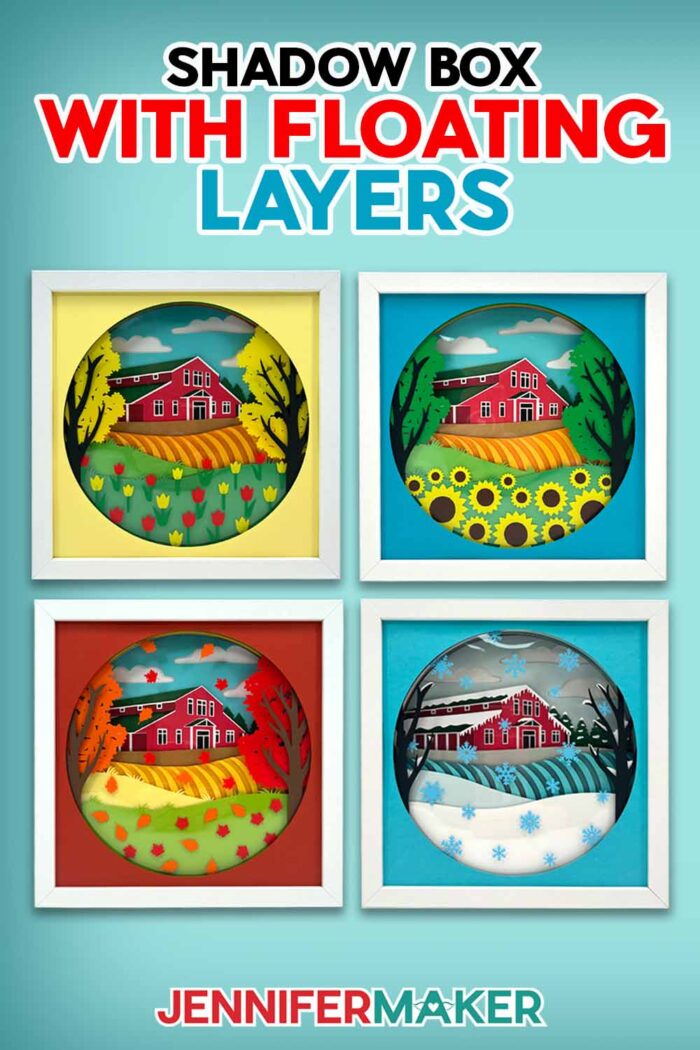 Learn how to make a Shadow Box with Floating Layers with JenniferMaker's step-by-step tutorial! Free SVGs included! Four shadow boxes with layered cardstock depicting a farmhouse sit on a blue backdrop. The boxes show winter, spring, summer, and autumn at the farm.