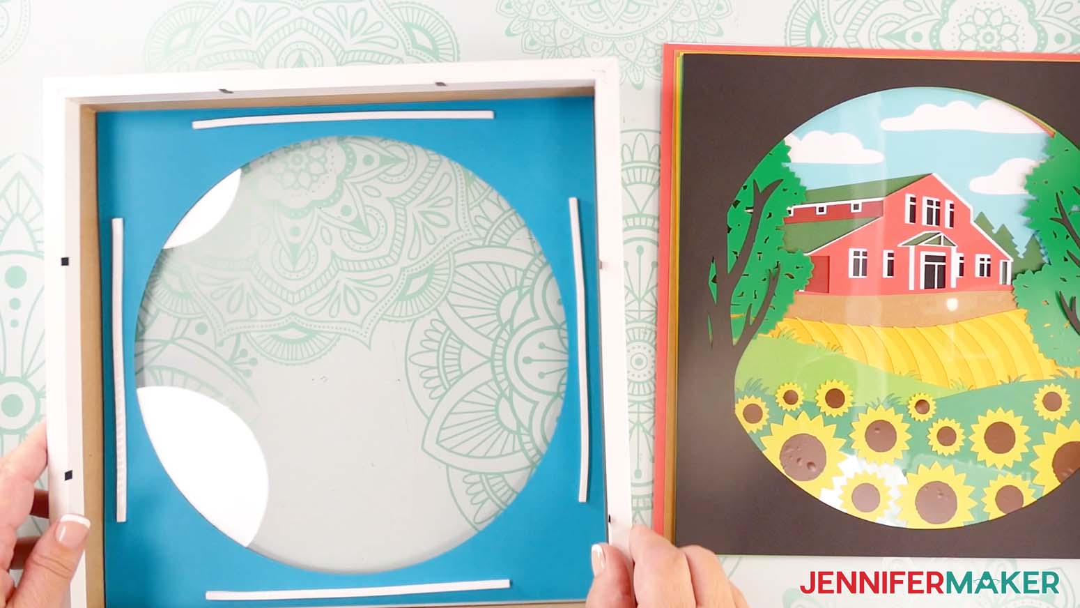 Add foam tape to the back of layer one inside the shadow box to make a shadow box with floating pieces