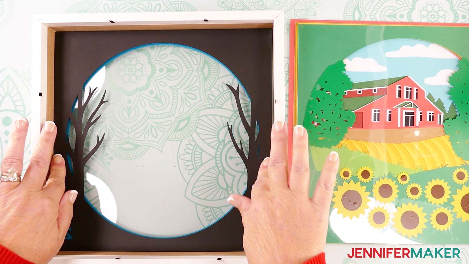 Place layer two face down on top of layer one in the shadow box to make a shadow box with floating pieces