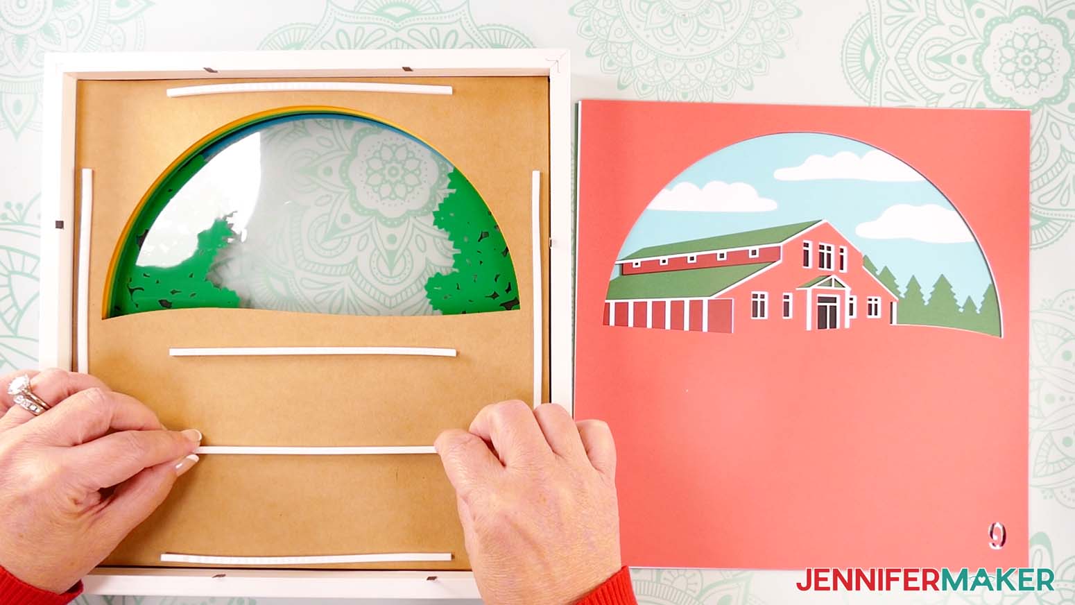 Add foam tape to the back of layer eight to make a shadow box with floating pieces