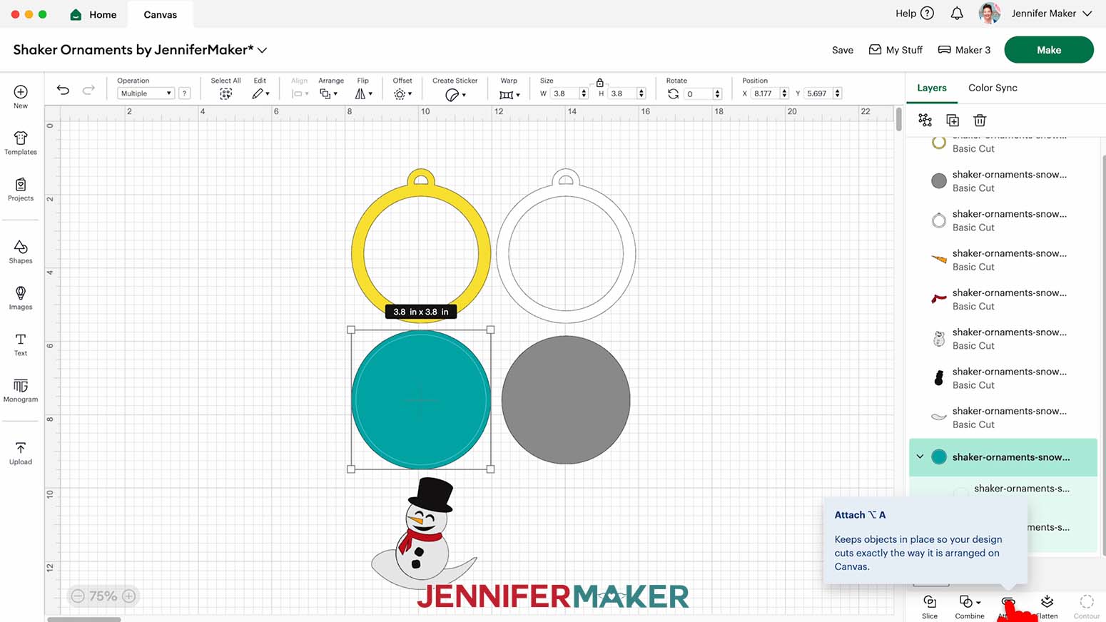 select both blue circle layers, then click &ldquo;Attach&rdquo; to keep the alignment ring with the ornament&rsquo;s bottom layer.